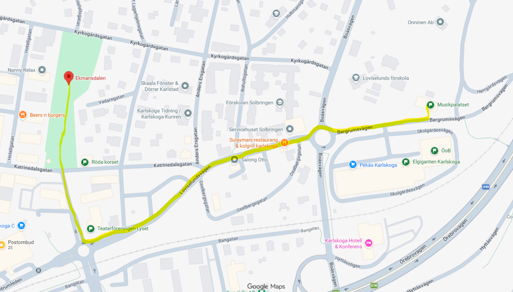 Skärmdump av Google maps som visar den nya rutten från Musikpalatset längs Bergrumsvägen, Loviselundsvägen och Norra Viaduktgatan till Ekmansdalen.